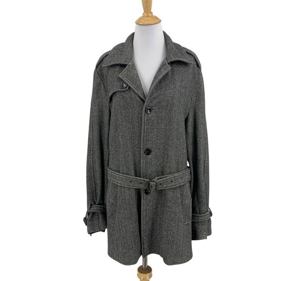 Christian Lacroix Coat Women L Large Gray Wool Cashmere Blend Belted Herringbone - Picture 1 of 15